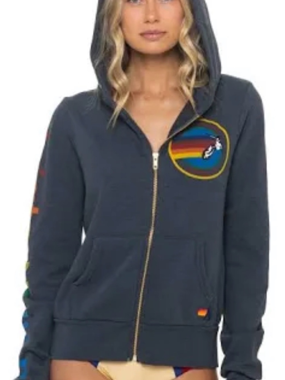 Aviator Nation  Zip Hoodie in Charcoal with Rainbow Sleeve Logo
